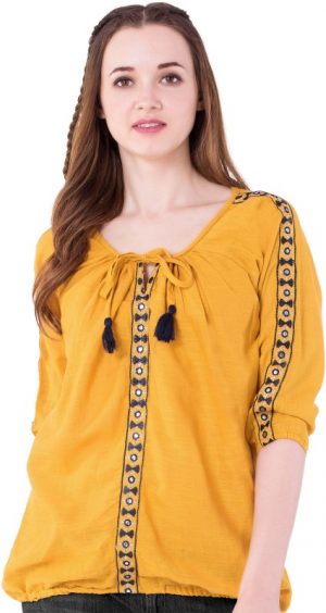 AANIA Casual 3/4th Sleeve Embroidered, Embellished Women's Yellow Top