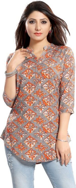 ALC Creations Casual Printed Women's Kurti in Grey and Orange