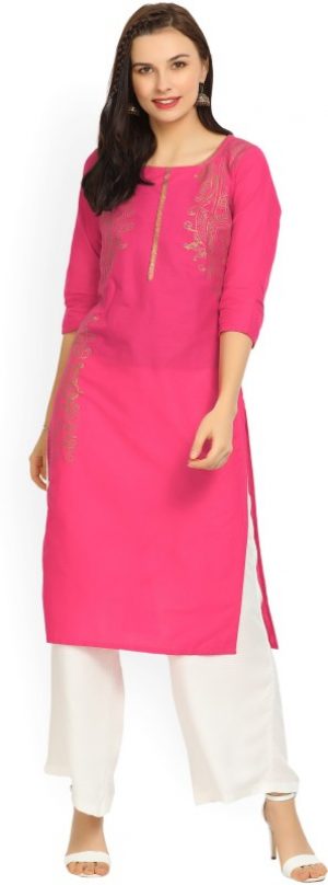Aurelia Women Printed Straight Kurta in Pink and Gold