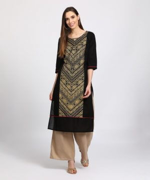Aurelia Women's Printed Straight Kurta in Black