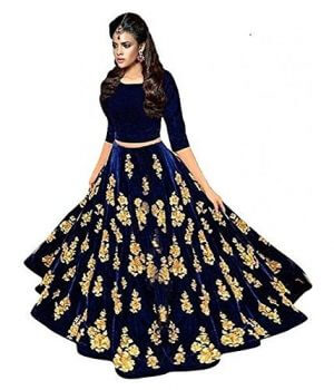 SIXTEENCREATION Embroidered Semi Stitched Lehenga, Choli and Dupatta Set in Gold and Blue