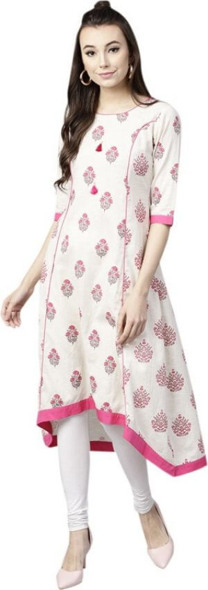 Gerua Women's Floral Print A-line Kurta in White