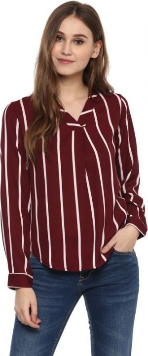 Harpa Casual Full Sleeve Striped Women's Maroon Top