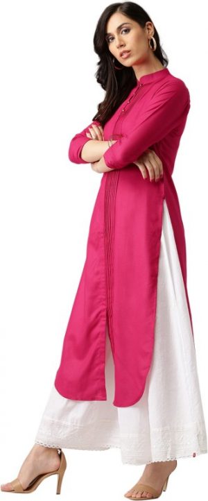Libas Women Solid Frontslit Kurta in Pink