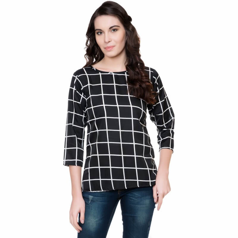 Tashi Casual 3/4th Sleeve Checkered Women’s Black Top
