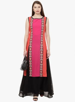 Ziyaa Women Colorblock, Block Print Straight Kurta in Multicolor