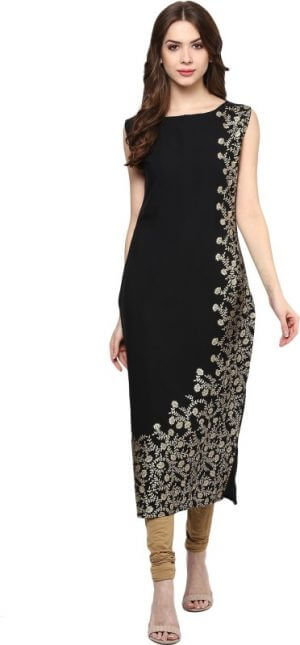 Ziyaa Women's Floral Print Straight Kurta in Black