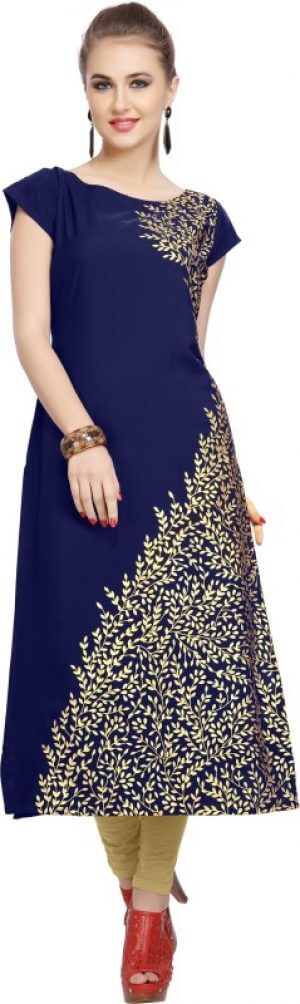 Ziyaa Women's Floral Print Straight Kurta in Blue and Gold