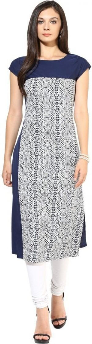 Ziyaa Women's Printed Straight Kurta in Blue and white