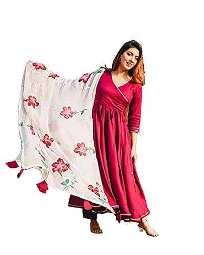 Collection Rj23 Women’S Rayon Anarkali Kurta Pant And Dupatta Set At Discount Price In India