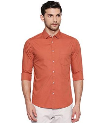 Dennis Lingo Men's Solid Slim Fit Casual Shirt (C301_DUSTYORANGE_S_Dustyorange_S) at Sale Price in India