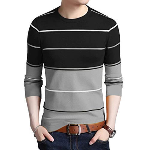 EYEBOGLER Men’s Striped Regular fit T-Shirt (T305_Grey-Black-White S) at Discount Price in India