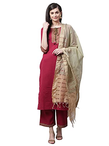 INDO ERA Women’s Solid Pure Cotton Straight Kurta Palazzo with Dupatta Set at Sale Price in India