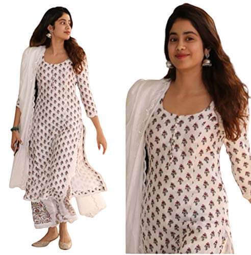 Jaipuri Fashionista Women’S White Colour Cotton Printed Kurti With Pant And Dupatta Set At Discount Price In India