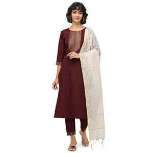 Nainvish Women Maroon Straight Cotton Kurti Pant Set With Dupatta At Discount Price In India