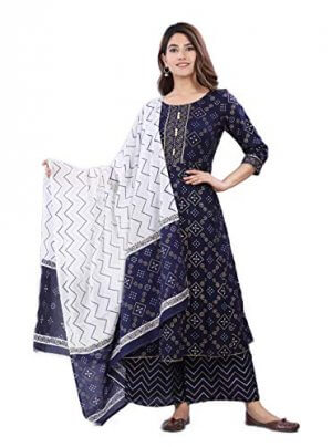 Rangnavi Womans Rayon Printed Kurta Palazzo & Dupatta Set Blue at Discount Price in India