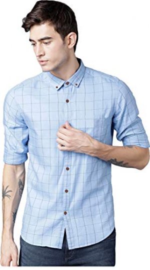 Tryme Fashion Men's Cotton Slim Fit Full Sleeves Casual Checked Shirt (Sky Blue, Small) at Sale Price in India