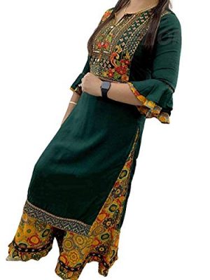 Women’S Rayon Straight Embroidred Kurta With Printed Sharara & Dupatta Set At Sale Price In India