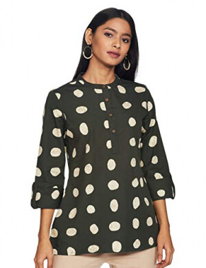 Amazon Brand - Myx Women's Cotton Regular Short Kurti (PAG182_Olive Polka_Small) at Discount Price in India