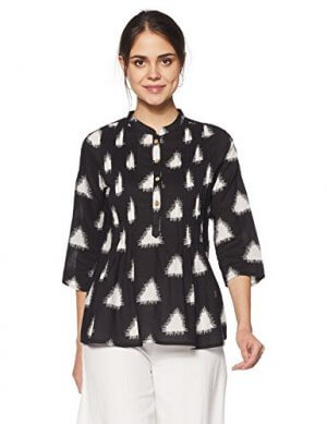 Amazon Brand - Myx Women's Cotton Straight Kurti (SS17IKKATST02ABlackS) at Discount Price in India
