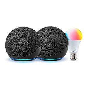 All-new Echo Dot (4th Gen, Black) gift twin pack with Wipro 9W LED smart color bulb at Sale Price in India