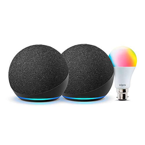 All-new Echo Dot (4th Gen, Black) gift twin pack with Wipro 9W LED smart color bulb at Sale Price in India