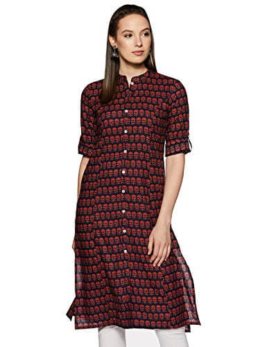 Amazon Brand – Myx Women’s Cotton Regular Fit Kurti (SS19FS022E_Navy_Small) at Discount Price in India