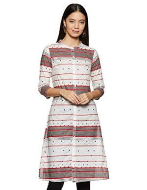 Amazon Brand - Myx Women's Cotton Regular Fit Kurti (XHOSA-13_Off White-Stripe_Medium) at Discount Price in India