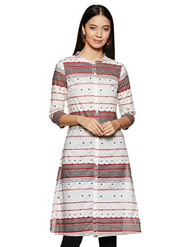 Amazon Brand – Myx Women’s Cotton Regular Fit Kurti (XHOSA-13_Off White-Stripe_Medium) at Discount Price in India