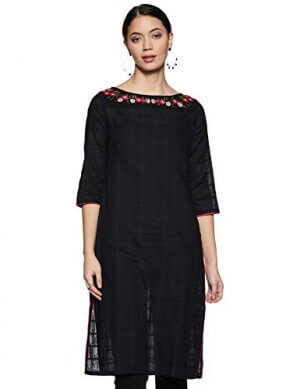 Amazon Brand - Myx Women's Cotton Regular Kurti (AW18CKST2B_Black_Large) at Cheap Price in India