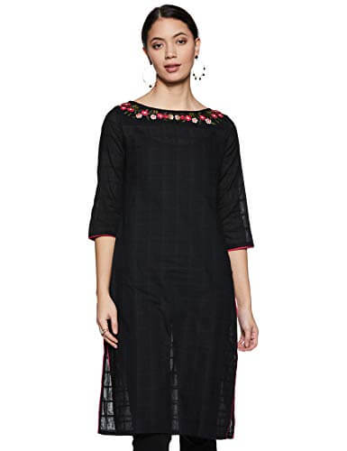 Amazon Brand – Myx Women’s Cotton Regular Kurti (AW18CKST2B_Black_Large) at Cheap Price in India