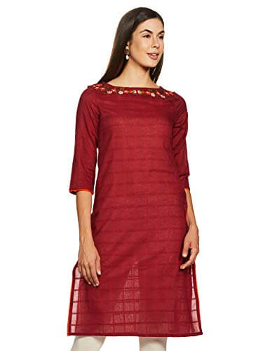 Amazon Brand – Myx Women’s Cotton Regular Kurti (AW18CKST2B_Red_Medium) at Discount Price in India