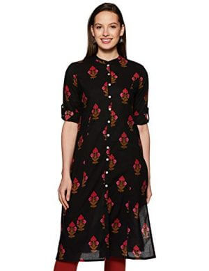 Amazon Brand - Myx Women's Cotton Screen Print Regular Fit Kurti (SS19FS022C_Black/Red_S) at Cheap Price in India