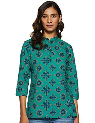 Amazon Brand – Myx Women’s Cotton Screen Print Regular Fit Short Kurti (SS19MYXTP019C3_Teal 2_S) at Cheap Price in India