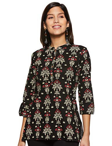 Amazon Brand – Myx Women’s Cotton Screen Print Regular Fit Short Kurti (SS19MYXTP019D2_Black_M) at Sale Price in India