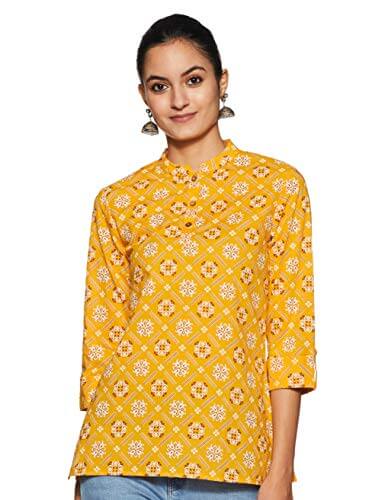 Amazon Brand – Myx Women’s Cotton Screen Print Regular Fit Short Kurti (SS19MYXTP019C3_Yellow_M) at Cheap Price in India