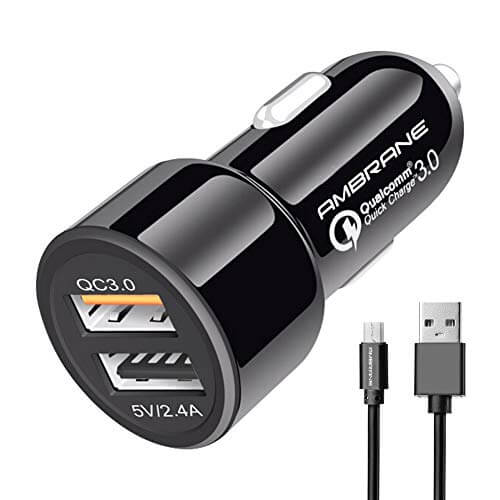 Ambrane 5.4A Dual USB Rapid Car Charger (Qualcomm Certified) with 18W Quick Charge 3.0 + Micro USB Cable (ACC-11QC-M, Black) at Cheap Price in India