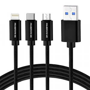 Ambrane Unbreakable 3 in 1 Fast Charging Braided Multipurpose Cable with 2.1 A Speed – 1.25 meter at Sale Price in India