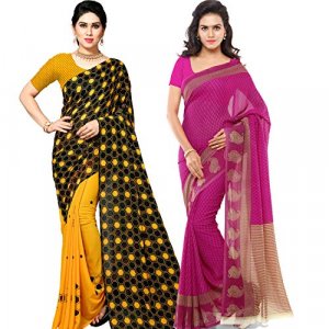 Anand Sarees Georgette with Blouse Piece Saree (Pack of 2) (Combo_1168_3_1609_1_Pink & Chrome Yellow_One Size) at Cheap Price in India