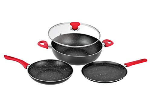 BERGNER Imperial Pressed Aluminium Non-Stick 4 Pcs Cookware Set (Frypan – 24 cm, Kadhai with Lid – 24 cm, 2.2 Liters, Tawa – 28 cm), Induction Base, Black at Discount Price in India