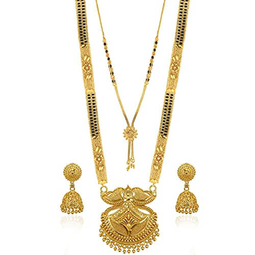 Brado Jewellery Traditional Necklace Pendant Gold Plated Hand Meena 30inch Long and 18inch short 2 Inch Earring Combo Of 2 Mangalsutra/Tanmaniya/nallapusalu/Black Beads For Women and Girls at Discount Price in India