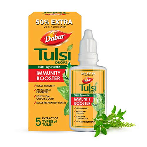 Dabur Tulsi Drops- 50% Extra: Concentrated Extract Of 5 Rare Tulsi For Natural Immunity Boosting & Cough And Cold Relief: (20Ml +10Ml Free) at Cheap Price in India