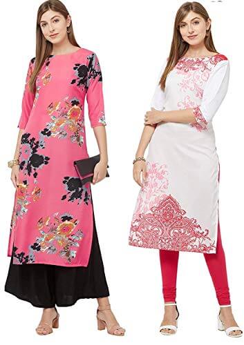 GoSriKi Women’s crepe Straight Kurta (DABBA-PINK & WHITE-PINK_L_ Multicolor_ Large) at Cheap Price in India