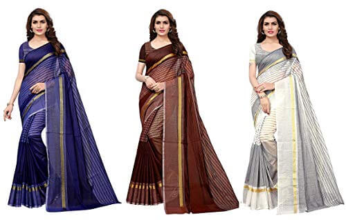 GoSriKi Women’s Synthetic Saree with Blouse Piece (Pack of 3;Multicolour) at Discount Price in India