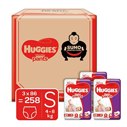 Huggies Wonder Pants Diapers Sumo Pack, Small (S) size baby diaper pants, with Bubble Bed Technology for comfort, (2.0 kg – 8.0 kg) (258 count) at Discount Price in India