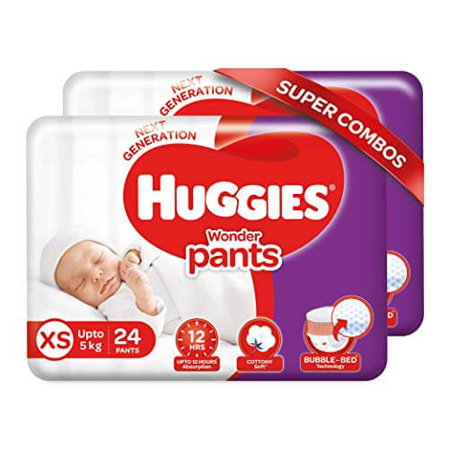 Huggies Wonder Pants Extra Small / New Born (XS / NB) Size Diaper Pants Combo Pack of 2, 24 Count, With Bubble Bed Technology For Comfort at Sale Price in India