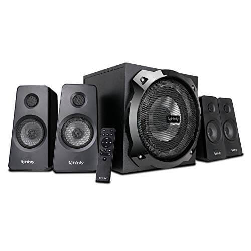 Infinity (JBL) Hardrock 410, 200W Output, 4.1 Channel Multimedia Speaker with Remote, LED Illuminated Subwoofer for Deep Bass, Eco Mode, Bluetooth, USB & AUX connectivity (Black) at Discount Price in India