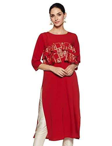 Janasya Women’s Maroon Poly Crepe Ruffle Kurta (JNE3344-KR-XL) at Discount Price in India