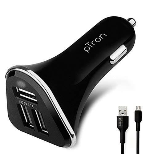 PTron Bullet 3.1A Fast Charging Car Charger, 3 USB Port, Fire Resistant, Lightweight, & Compact Car Charger for All Mobiles with Micro USB Cable (Black) at Discount Price in India