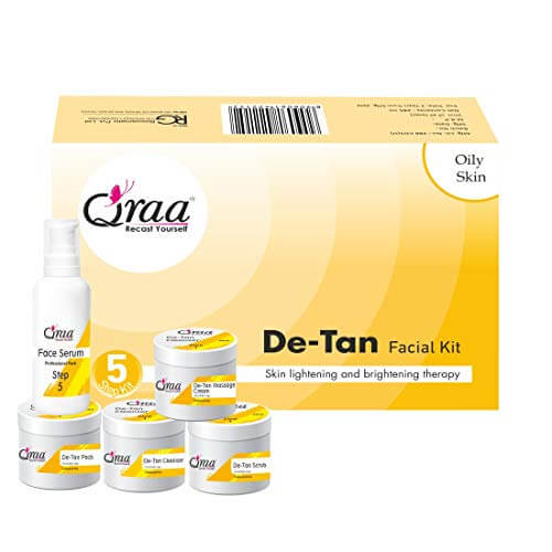 Qraa De Tan Facial Kit, Skin Lightening and Brightening Therapy- 5 Steps Facial Kit, All Skin Types, Cleansing Milk, Face Scrub, Massage Gel, Face Pack, Nourishing Cream at Sale Price in India